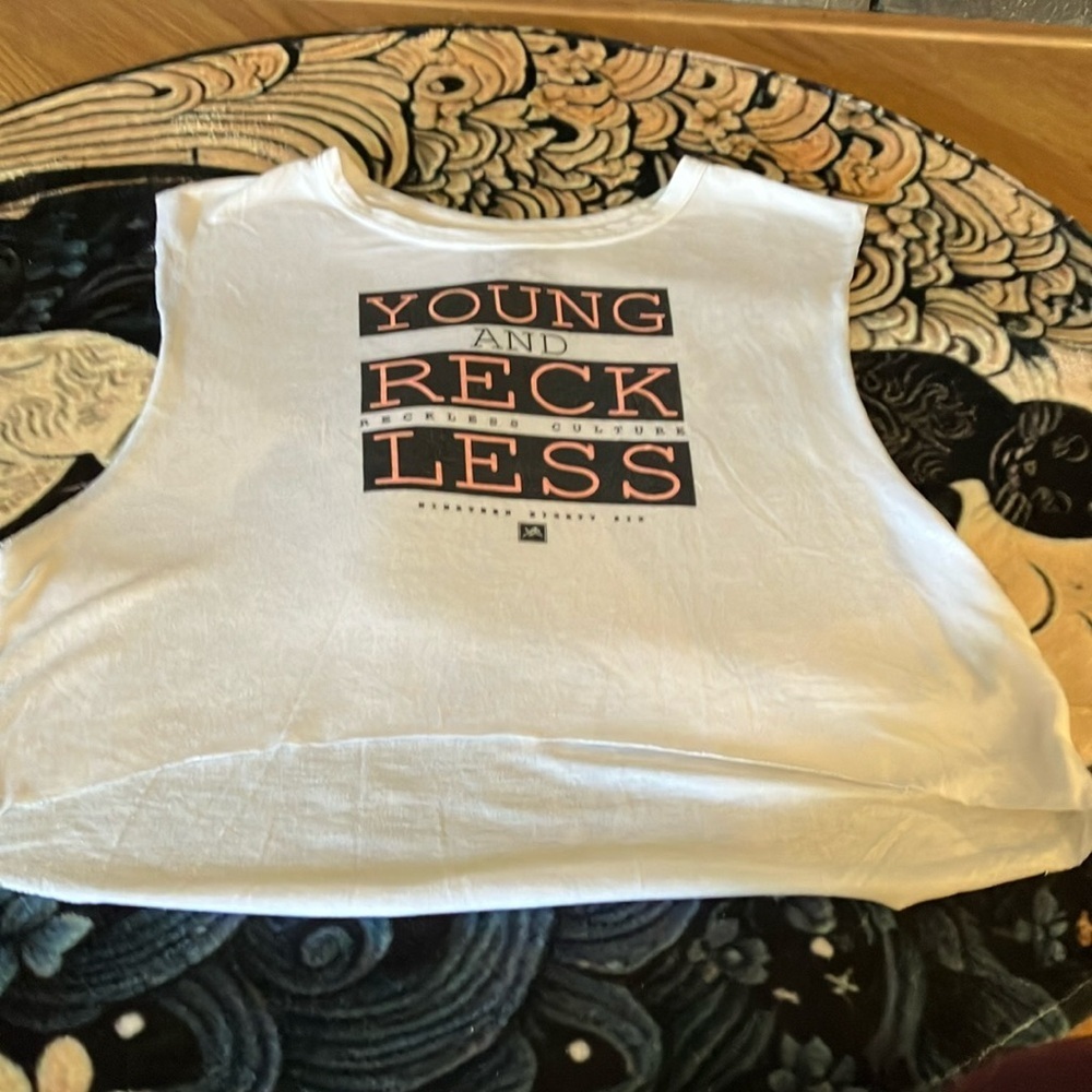 Young & Reckless Youth One Size Sleeveless T-Shirt. White w/graphic Black & Pink